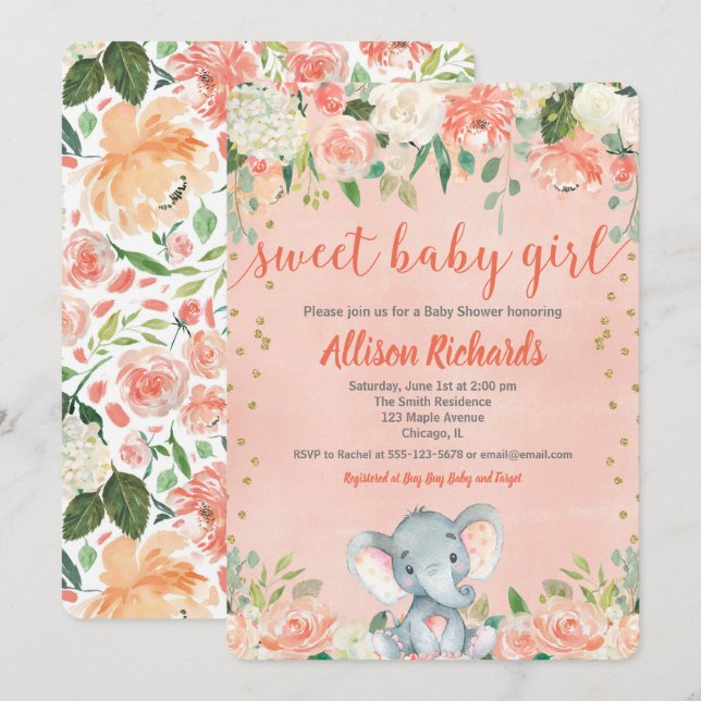 Peaches et crème éléphant invitations douche bébé (Devant / Derrière)
