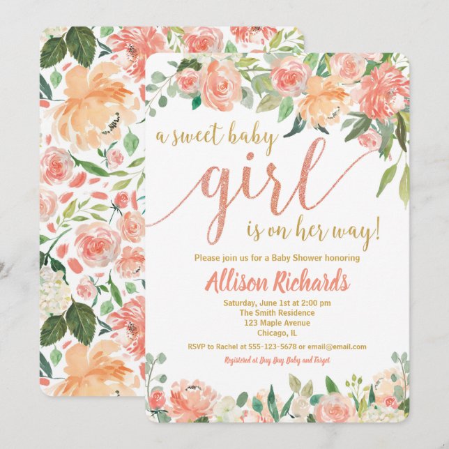 Peachs et crème baby shower invitation fille (Devant / Derrière)