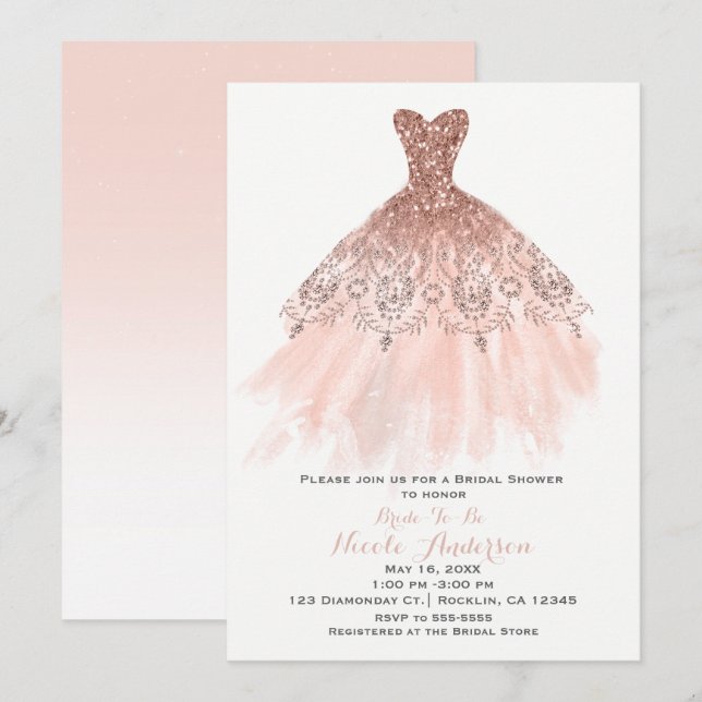 Peachy Blush Pink Glitzer Glam Dress Brautparty Einladung (Vorne/Hinten)