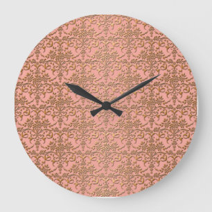 Peachy Coral und Gold Damask Muster Große Wanduhr