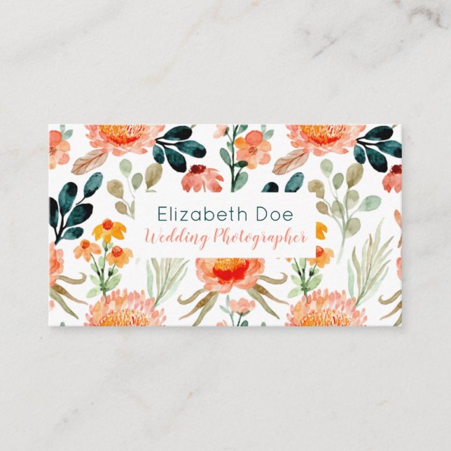 Peachy & Green Floral Business Card Visitenkarte (Vorderseite)