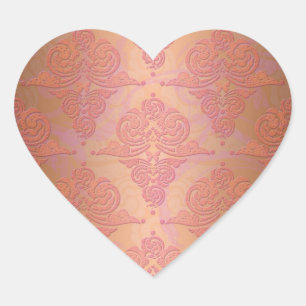 Peachy Orange und Pink Viktorianisch Damask Herz-Aufkleber
