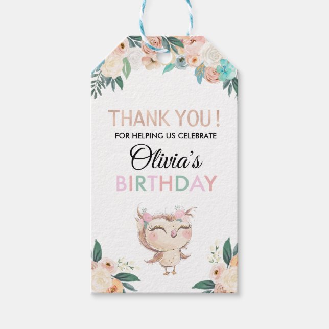 Peachy Owl Birthday Favor Tag Geschenkanhänger (Vorderseite)