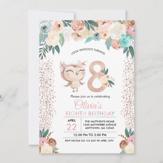 Peachy Owl Huitième invitation anniversaire (Devant)