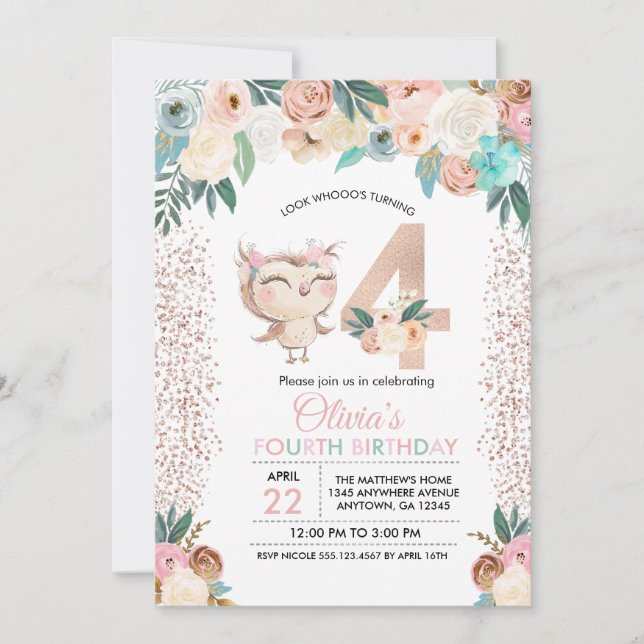 Peachy Owl Invitation du quatrième anniversaire (Devant)