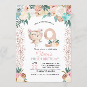 Peachy Owl Ninth Birthday Invitation