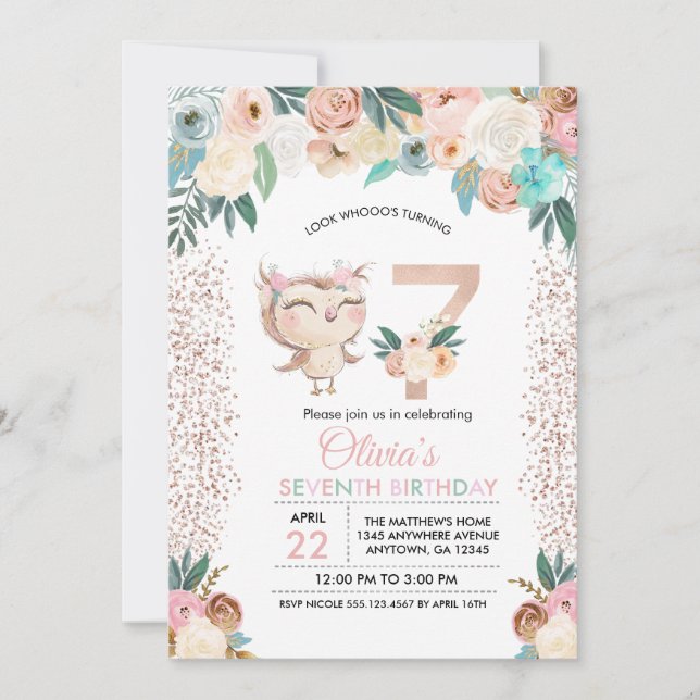 Peachy Owl Siebter Geburtstag Einladung (Vorderseite)