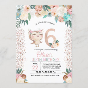 Peachy Owl Sixième anniversaire Invitation