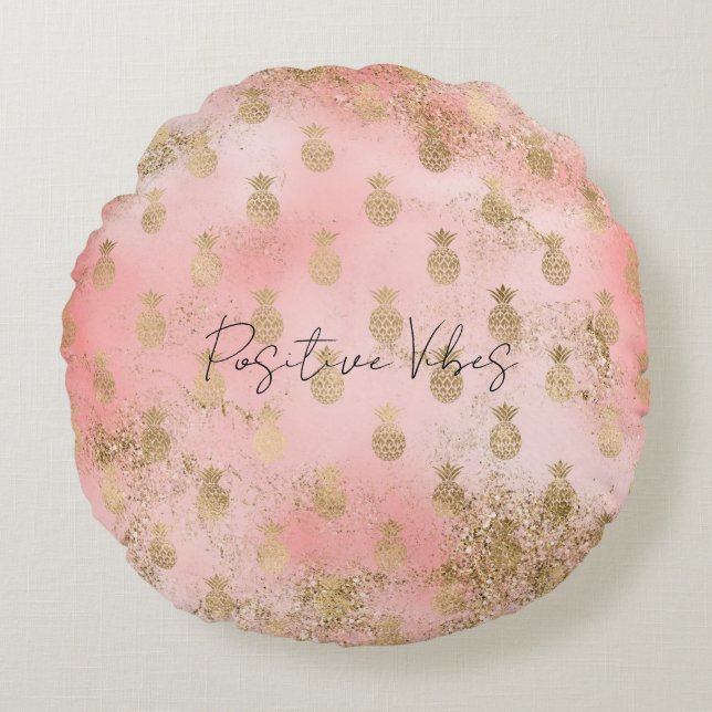 Peachy Pink Blush Gold Glitzer Ananas Rundes Kissen (Vorderseite)