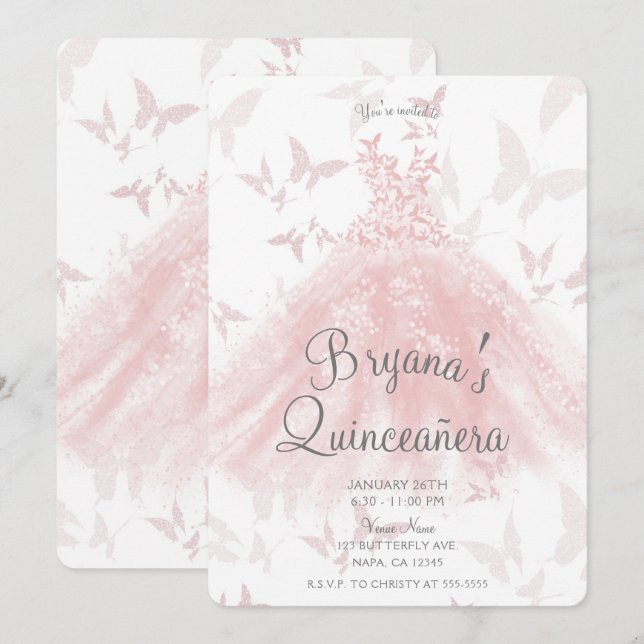 Peachy Pink Butterfly Dance Dress Quinceañera Einladung (Vorne/Hinten)