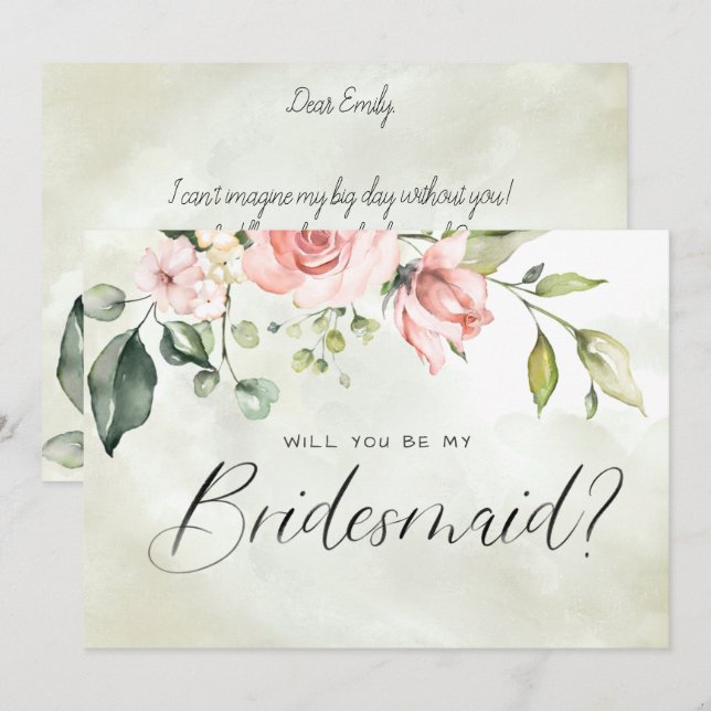 Peachy Pink Floral Aquarell Script Bridesmaid Einladung (Vorne/Hinten)