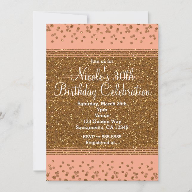 Peachy Pink & Gold Confetti Dots Party Einladungen (Vorderseite)