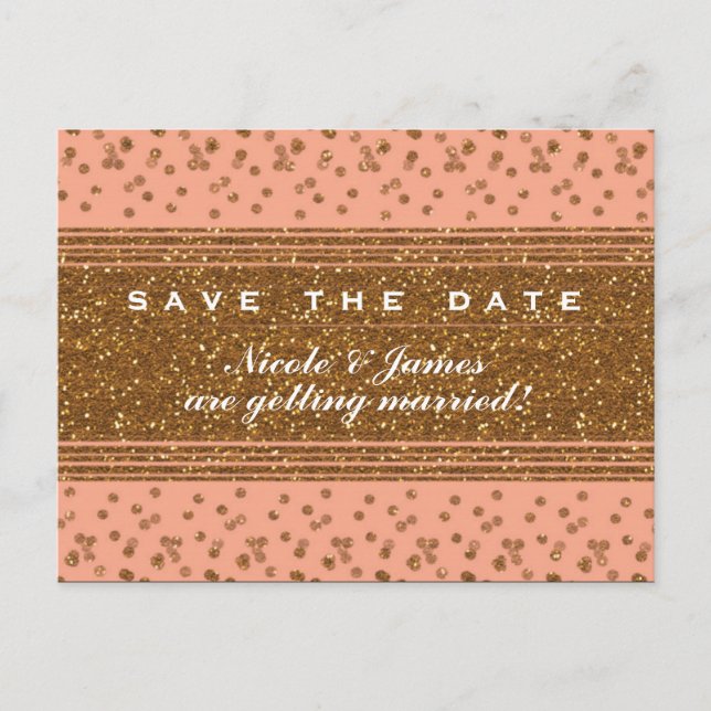 Peachy Pink & Gold Confetti Save the Date Postkart Ankündigungspostkarte (Vorderseite)