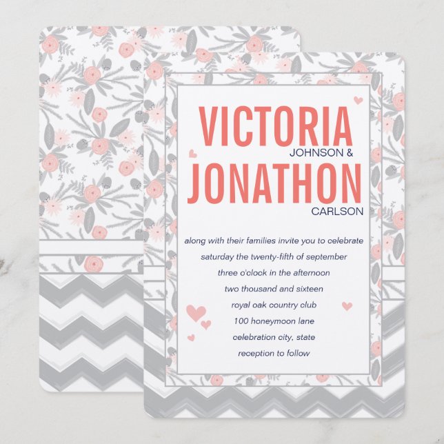 Peachy Pink Gray Flora and Fauna Wedding Einladung (Vorne/Hinten)