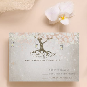Peachy Pink Heart Leaf Wedding RSVP Karte