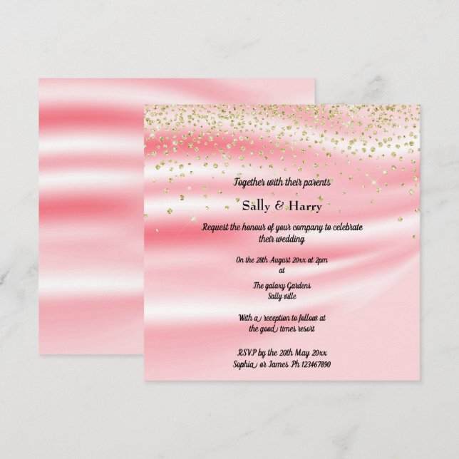 Peachy Pink Satin Sparkle Gold Einladung (Vorne/Hinten)