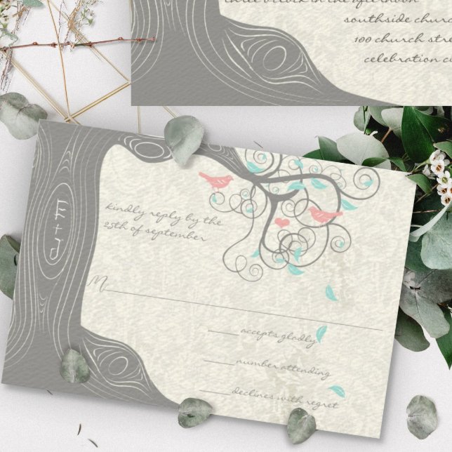 Peachy Pink und Mint Love Birds Hochzeit RSVP Karte (Von Creator hochgeladen)