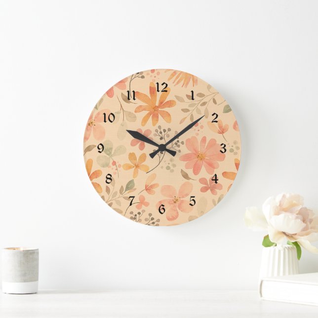 Peachy - rosa goldfarbene Blumenmuster Große Wanduhr (Zuhause)