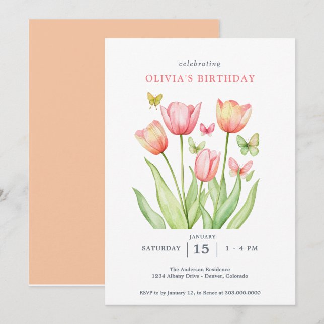 Peachy Watercolor Tulips Floral Einladung (Vorne/Hinten)