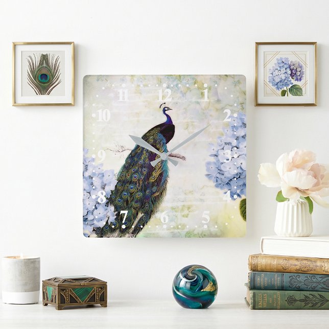 Peacock and hydrangea quadratische wanduhr (Von Creator hochgeladen)