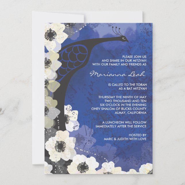 Peacock & Anemone Blume Bat Mitzvah Einladung (Vorderseite)