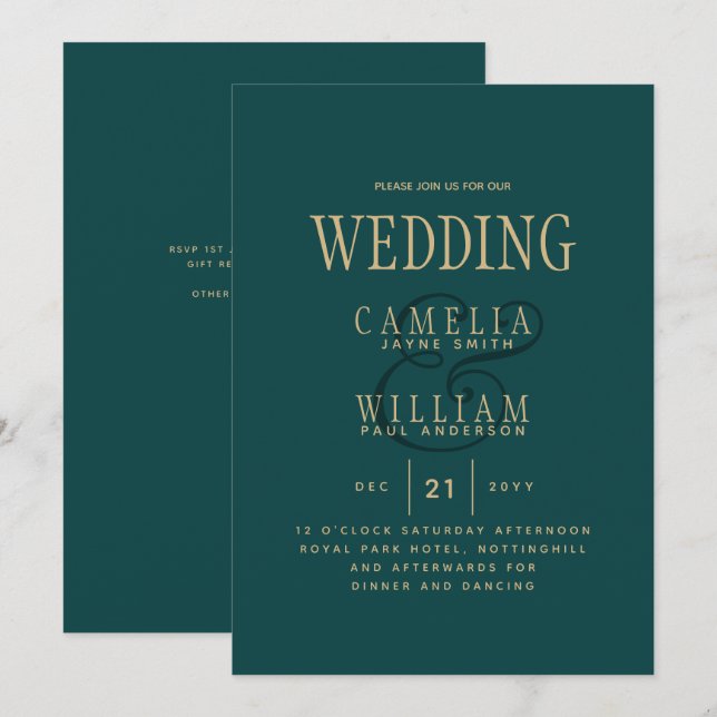 Peacock AQUAMARIN Green Gold Monochrome Wedding Ei Einladung (Vorne/Hinten)