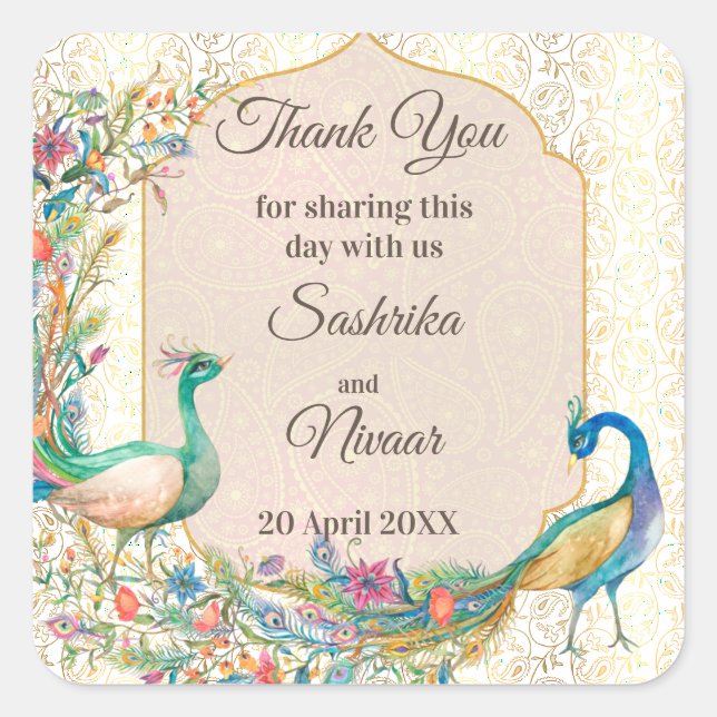 Peacock Arabian Muster indische Gastgeschenk Hochz Quadratischer Aufkleber (Vorderseite)