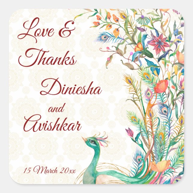 Peacock Arabian Muster indische Gastgeschenk Hochz Quadratischer Aufkleber (Vorderseite)