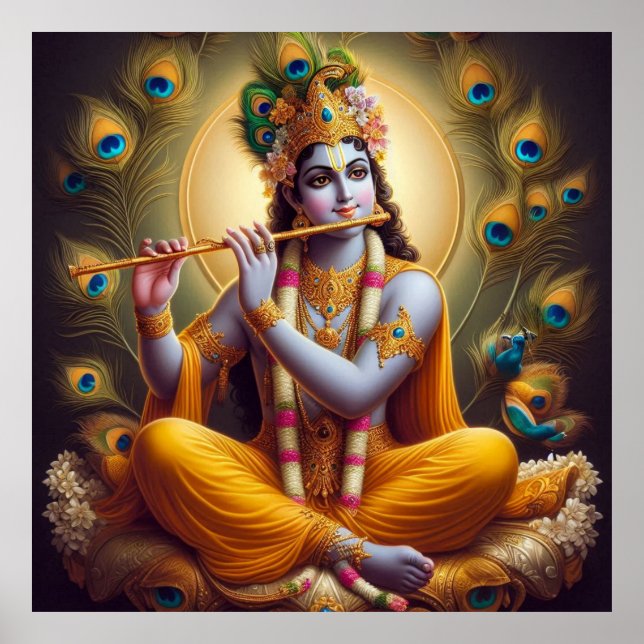 Peacock Aura Krishna Flute Weinkultur und Erde Poster (Vorne)