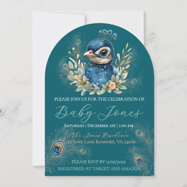 Peacock Baby Shower Einladung (Vorderseite)