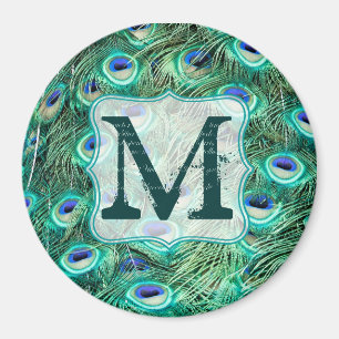 Peacock Bird Feather Aquamarin Monogram Initial Ma Magnet