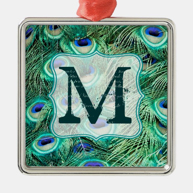 Peacock Bird Feather Tea Monogram, Initial Ornamen Ornament Aus Metall (Vorne)