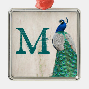 Peacock Bird Feather Tea Monogram, Initial Ornamen Silbernes Ornament