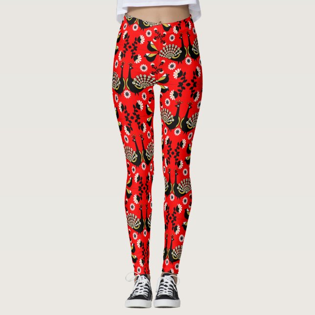 Peacock Bird Folk Kunst, Leggings (Vorderseite)