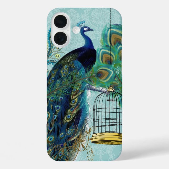 Peacock Birdcage Damask iPhone 16 Plus Hülle (Rückseite)