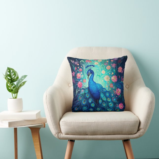 Peacock - Blaue grüne Aquafedern und rosa Blume Kissen (Stuhl )