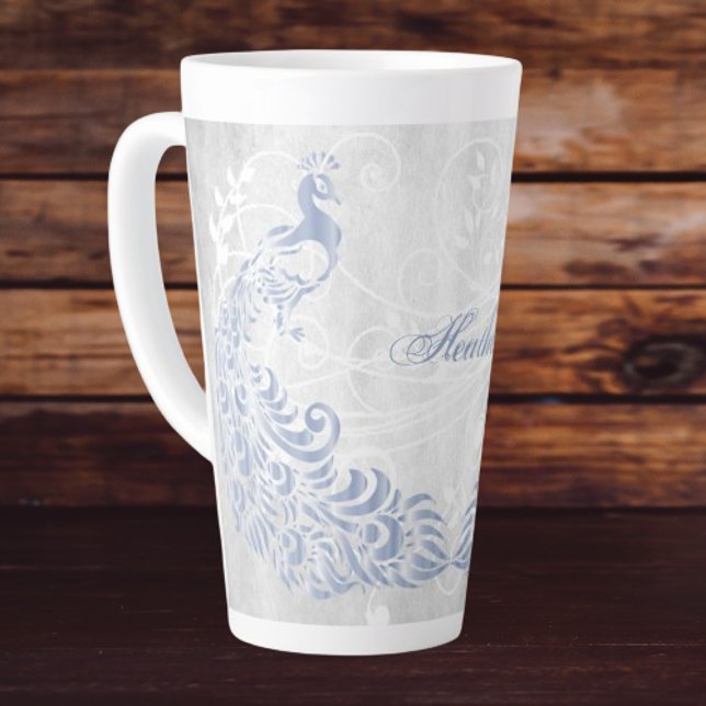 Peacock bleu clair Latte Mug personnalisé (Light Blue Peacock Personalized Latte Mug)