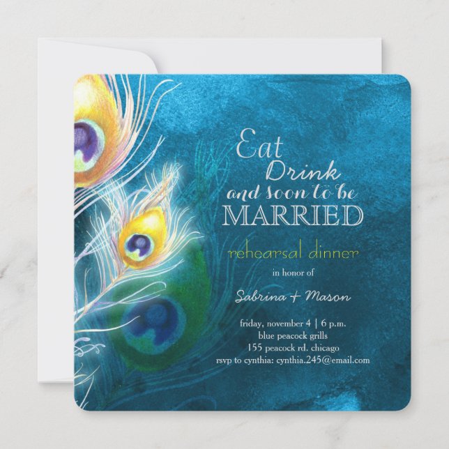 Peacock Blue Elegance Hochzeitliches Probe-Dinner Einladung (Vorderseite)