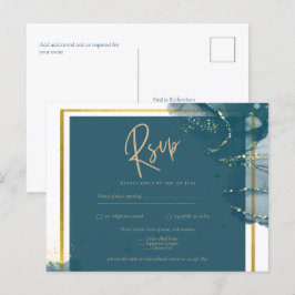 Peacock Blue Gold Alkohol INK Chic Wedding RSVP Postkarte