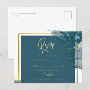 Peacock Blue Gold Alkohol INK Chic Wedding RSVP Postkarte