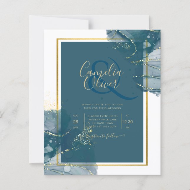 Peacock Blue Gold Alkohol INK Chic Wedite Einladun (Vorderseite)