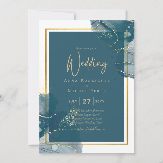 Peacock Blue Gold Alkohol INK Chic Wedite Einladun Einladung (Vorderseite)