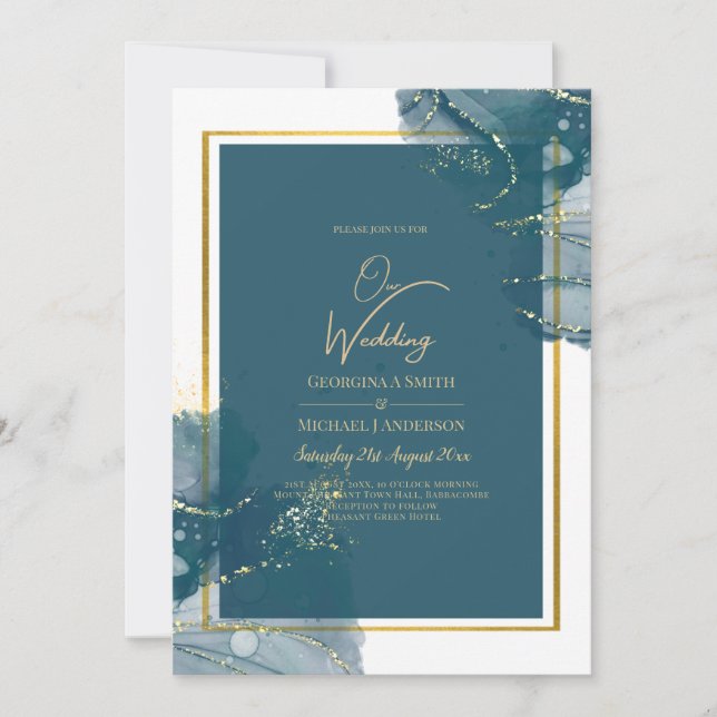 Peacock Blue Gold Alkohol INK Chic Wedite Einladun Einladung (Vorderseite)