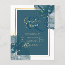 Peacock Blue Gold Alkohol INK Chic Wedite Einladun Flyer
