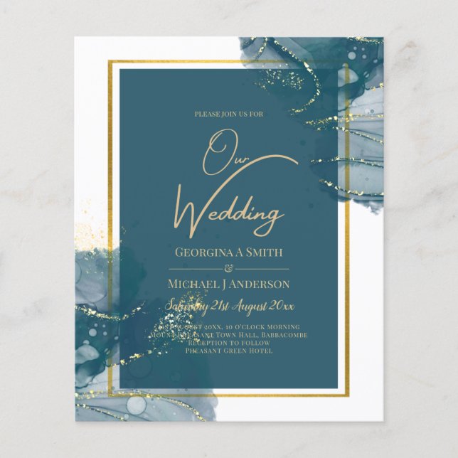 Peacock Blue Gold Alkohol INK Chic Wedite Einladun Flyer (Vorne)