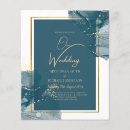 Peacock Blue Gold Alkohol INK Chic Wedite Einladun Flyer