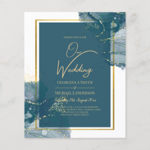Peacock Blue Gold Alkohol INK Chic Wedite Einladun Flyer