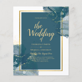 Peacock Blue Gold Alkohol INK Chic Wedite Einladun Flyer