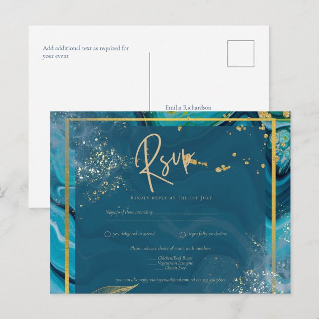 Peacock Blue Gold INK Abstrakt Wedding Postkarte (Vorne/Hinten)