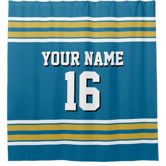 Peacock Blue Gold White Stripes Sports Jersey Duschvorhang (Vorderseite)
